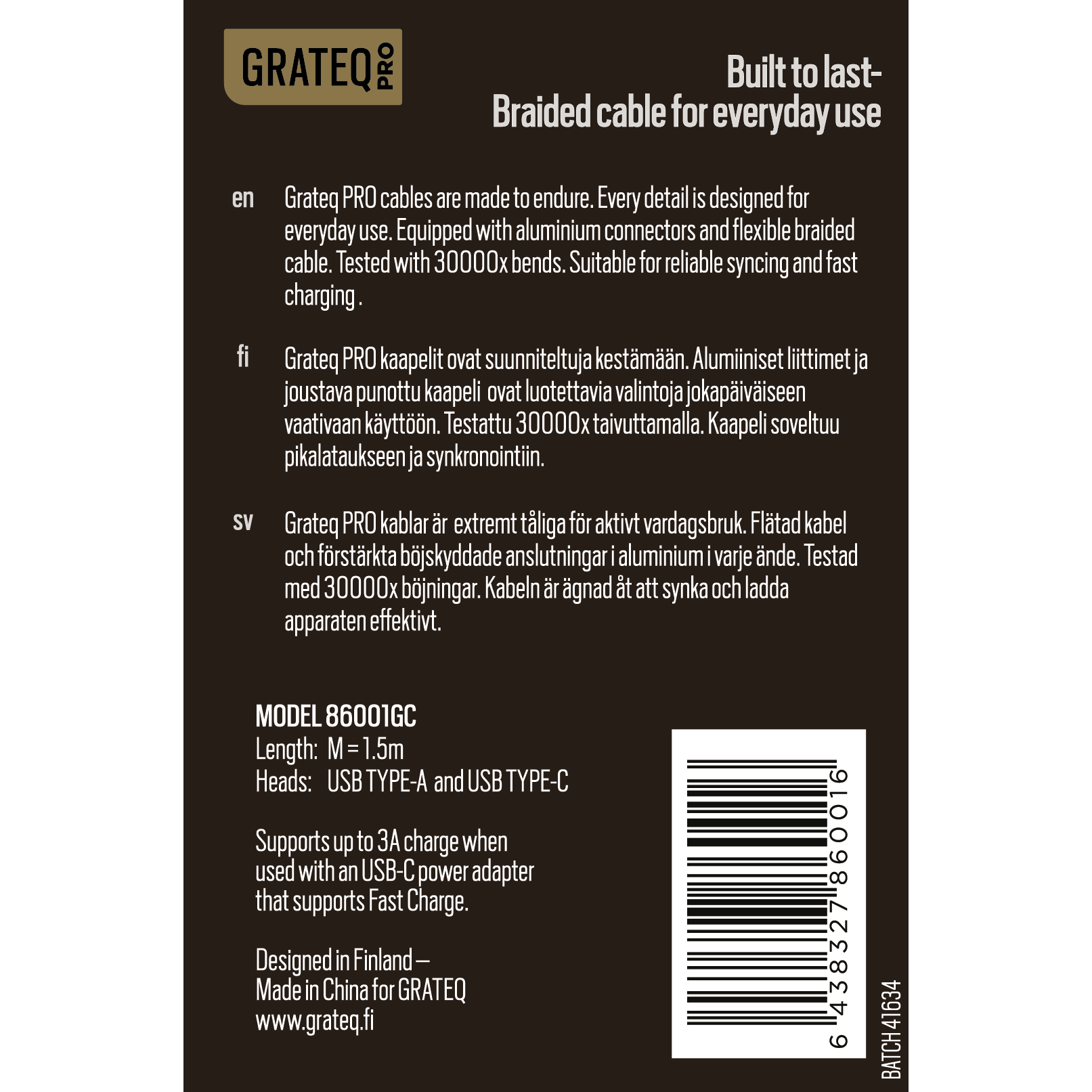 GRATEQ PRO USB-A - USB-C KAAPELI 1.5M 