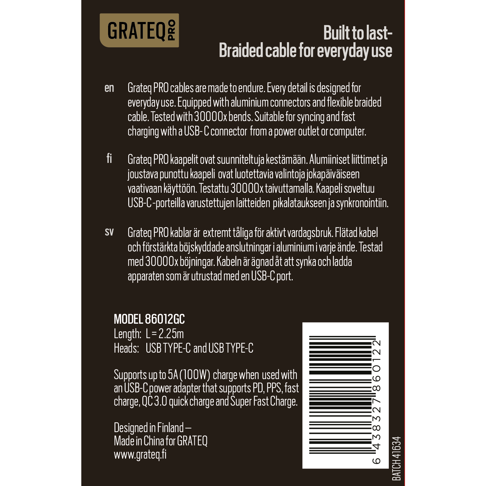 Grateq Pro USB-C to USB-C Cable 100 W 2.25 m