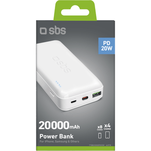 SBS Power Bank 20000mAh with USB-A and USB-C 20W , White