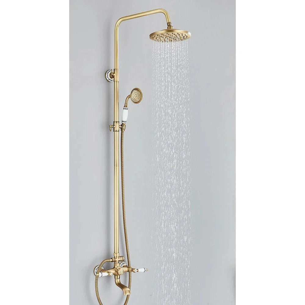 Retro Shower System, Antique Brass Rainfall Shower With Handheld Shower Tub Spout, Gold