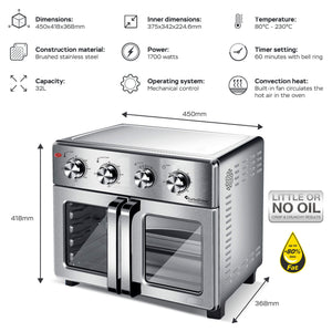 TurboTronic TT-AF32MFD Airfryer XXL / Oven 32L, Silver