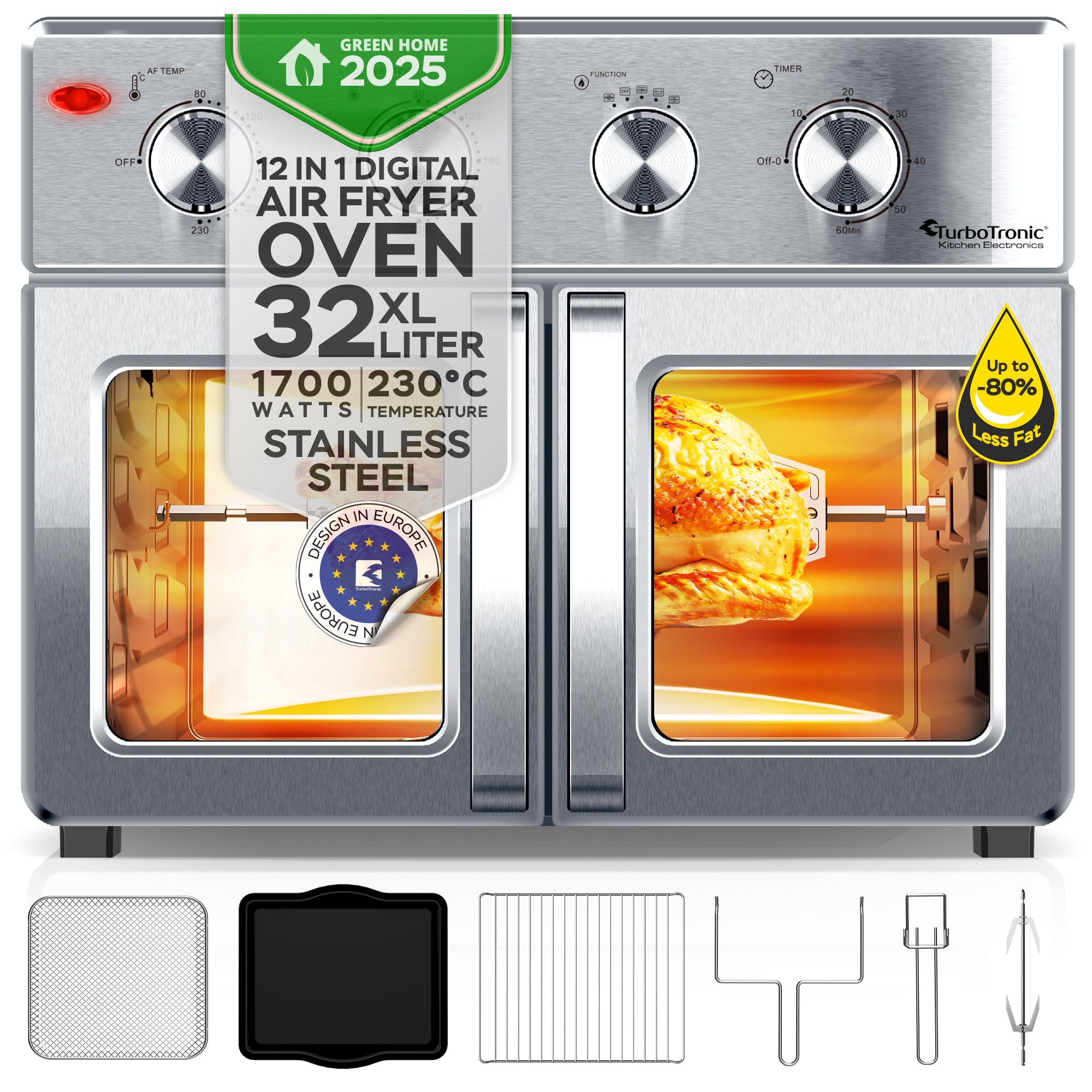 TurboTronic TT-AF32MFD Airfryer XXL / Oven 32L, Silver
