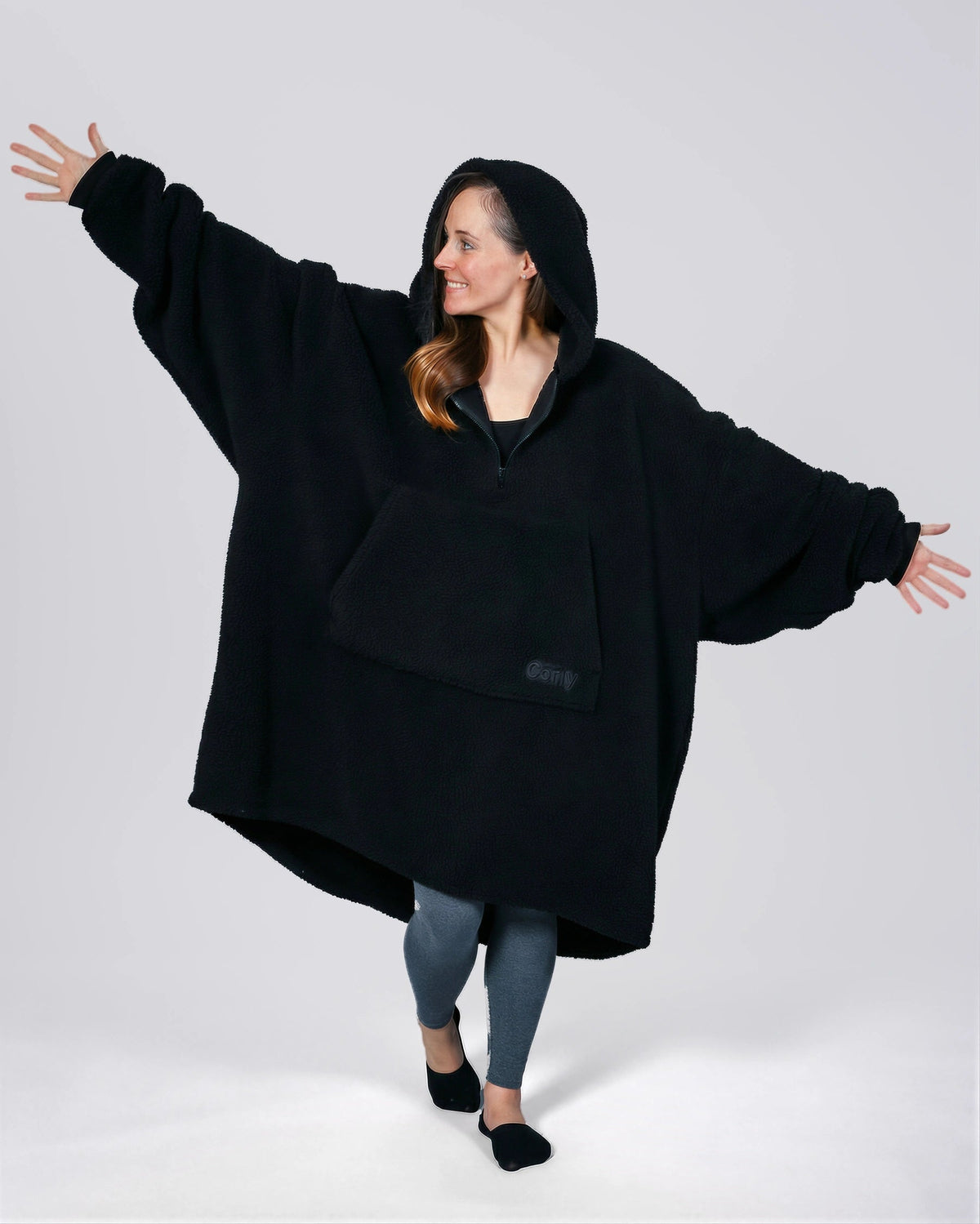 The Comfy Teddy Bear Quarter Zip Wearable Blanket Hoodie, Black