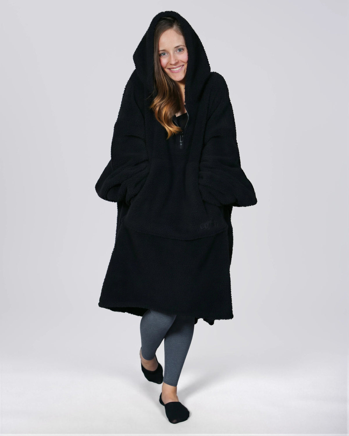 The Comfy Teddy Bear Quarter Zip Wearable Blanket Hoodie, Black