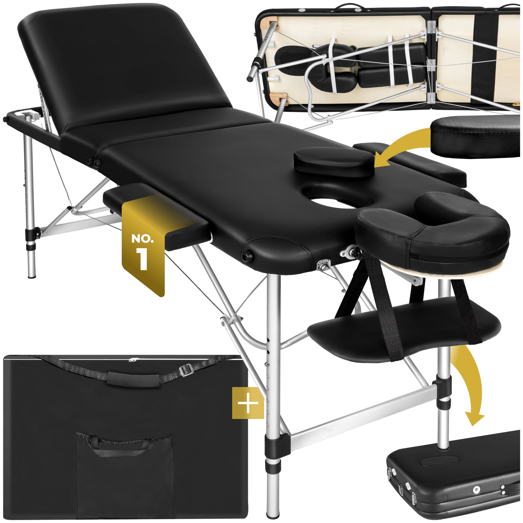 Massage Table - 3-zone bed with aluminium frame, 5cm pad, folding, adjustable