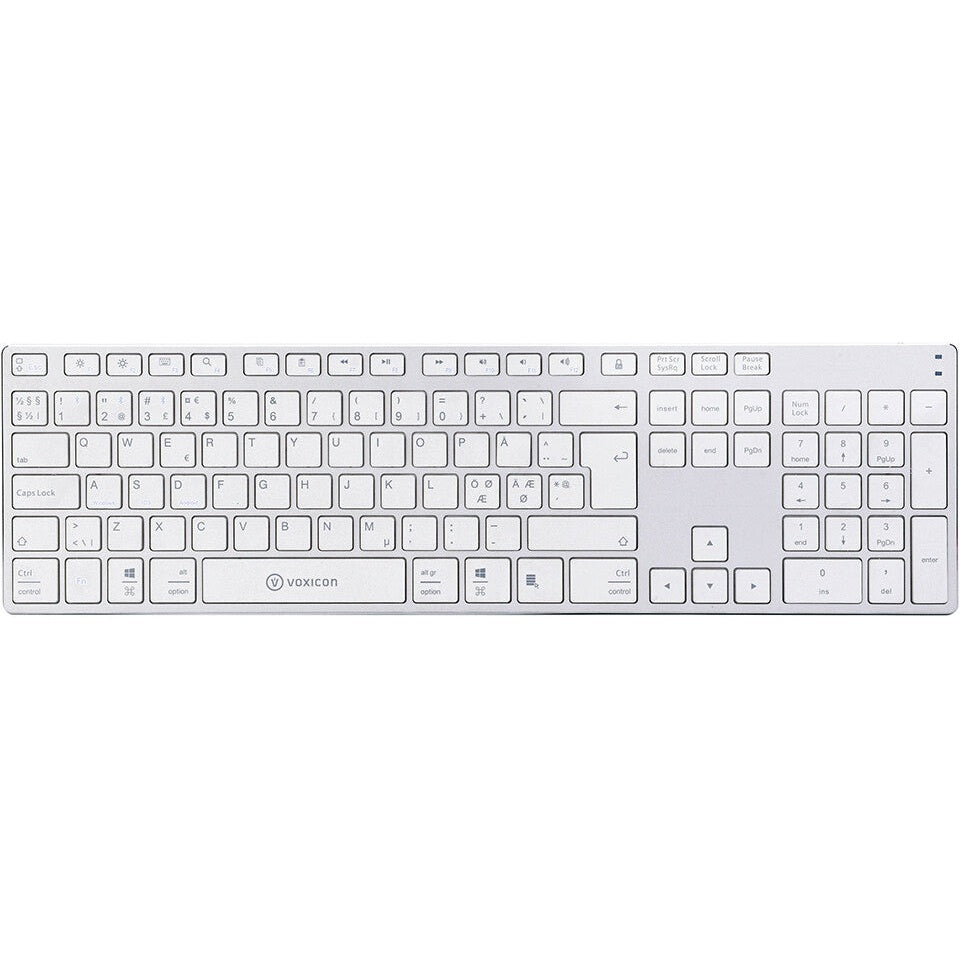 Voxicon DK-290B-WHT Bluetooth Nordic Keyboard, Silver, White