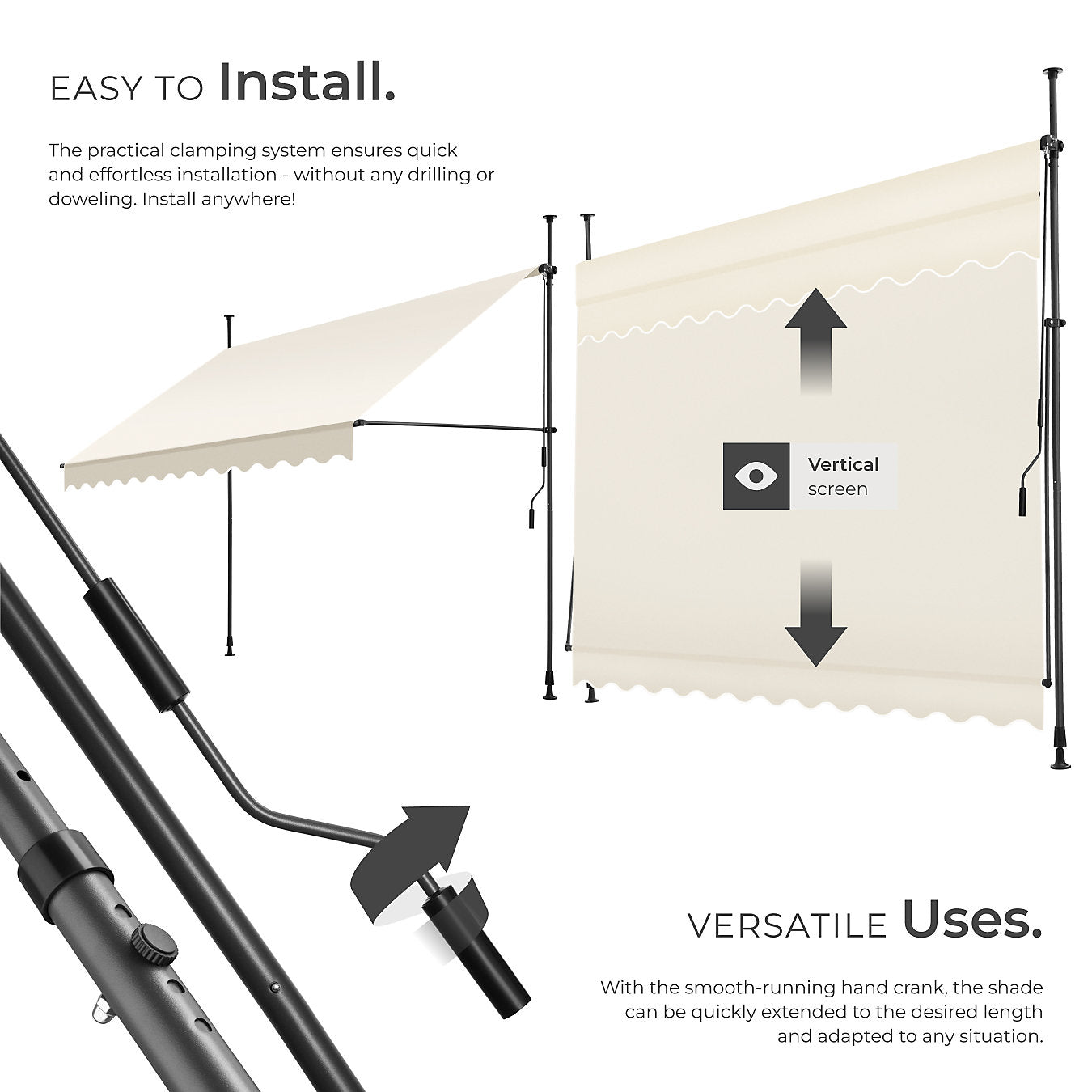 Awning with hand crank - pressure fitted , height adjustable 300 x 180 cm - beige
