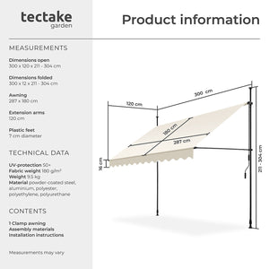 Awning with hand crank - pressure fitted , height adjustable 300 x 180 cm - beige