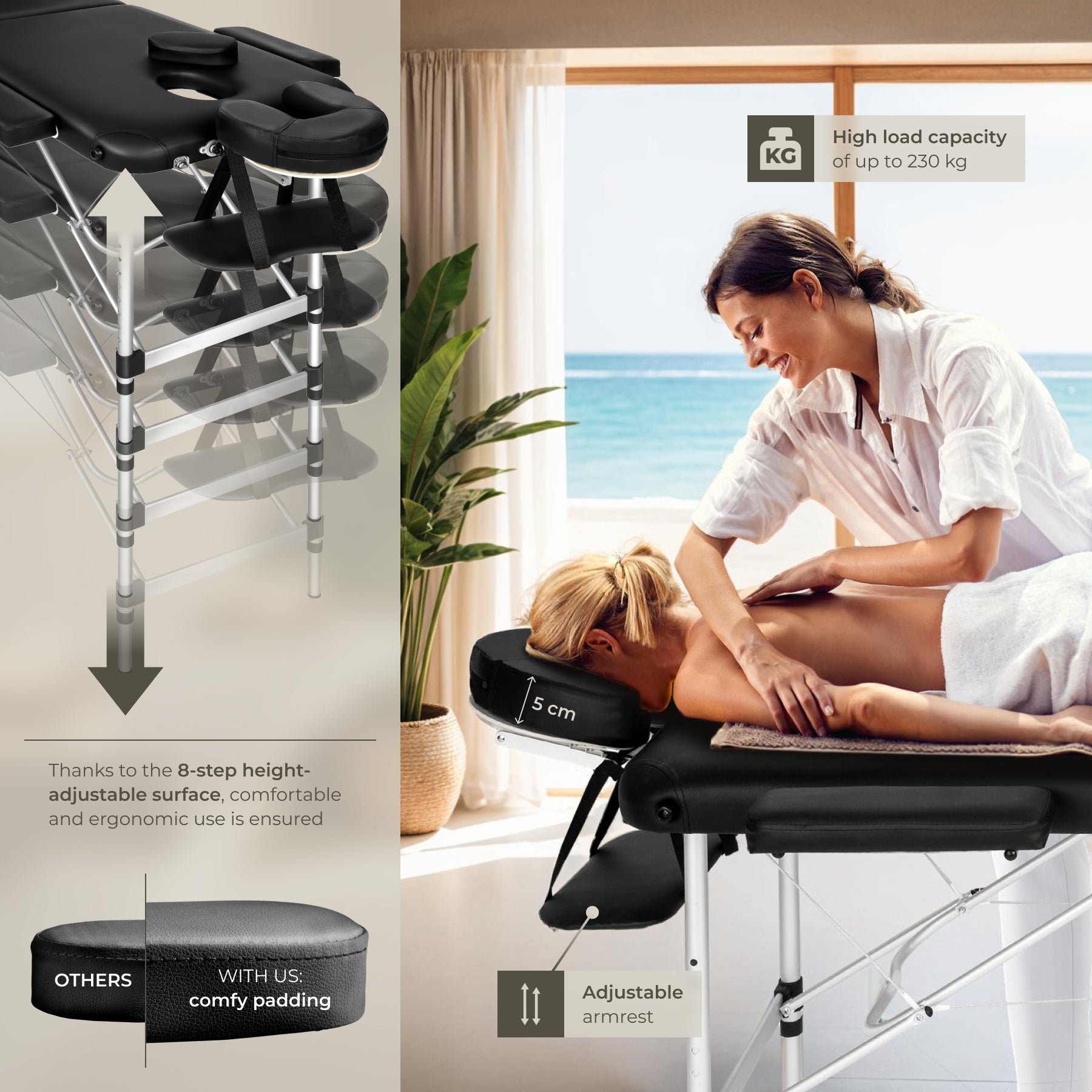 Massage Table - 3-zone bed with aluminium frame, 5cm pad, folding, adjustable