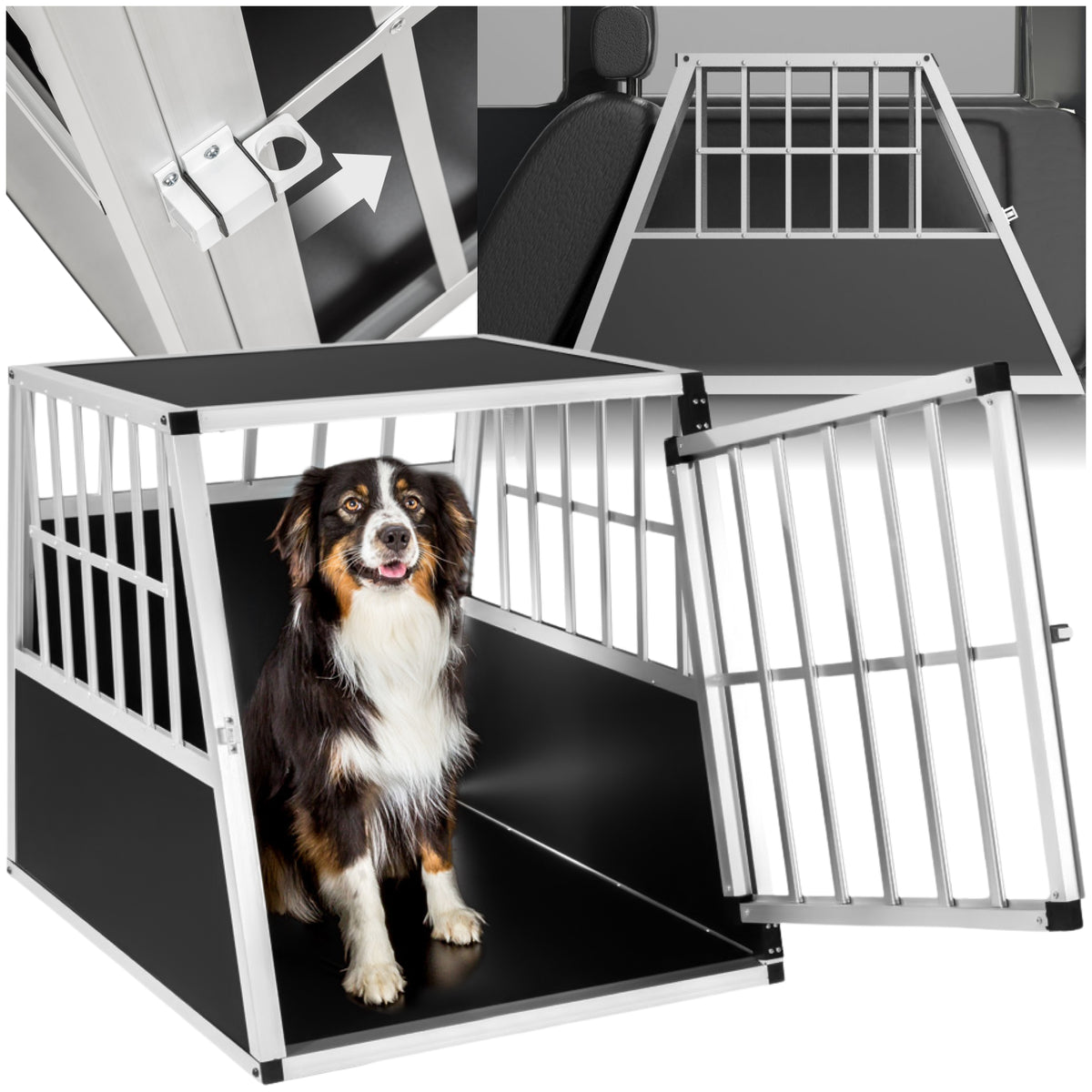 Dog Crate - aluminium, angled back wall, lockable, 66 x 90 x 69.5 cm