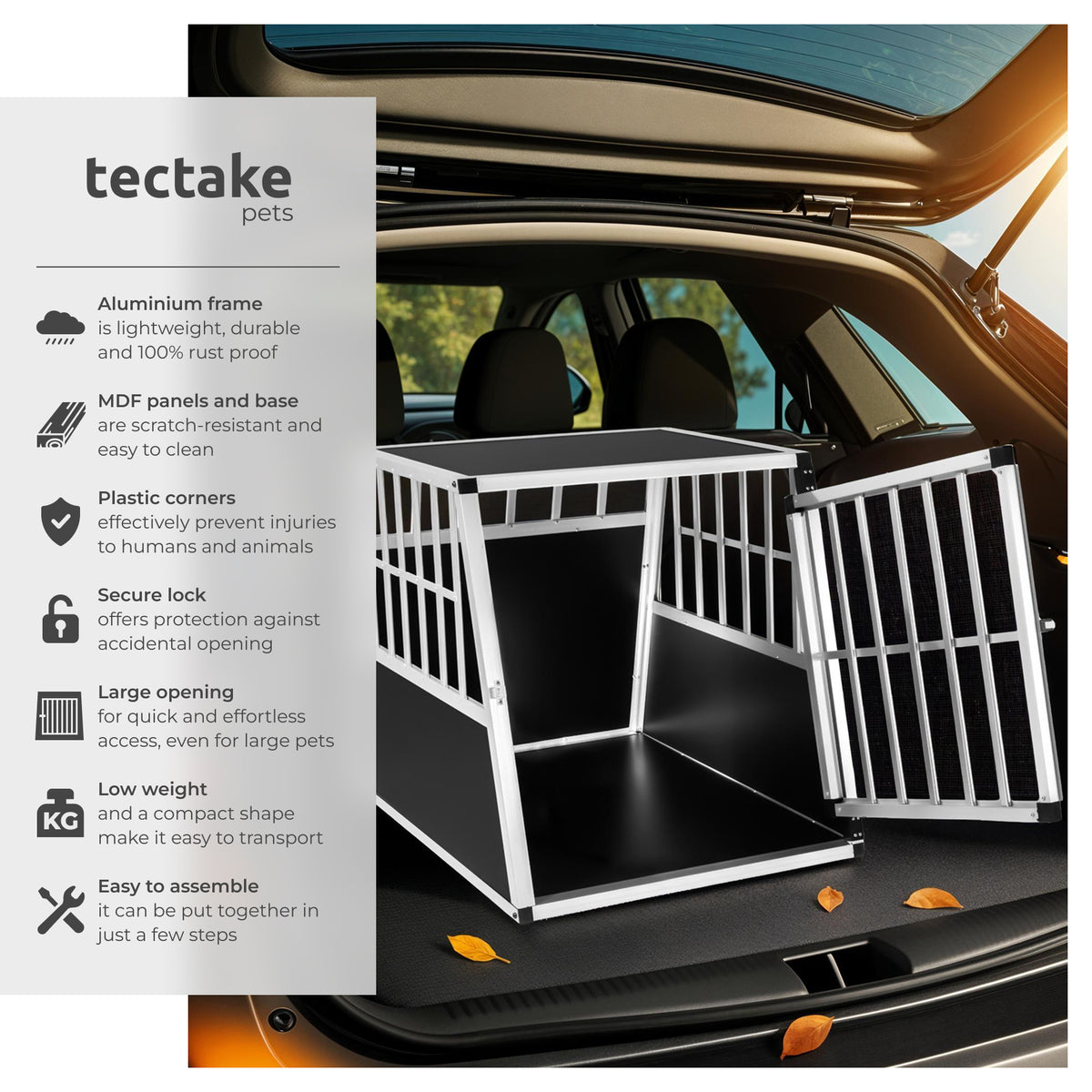 Dog Crate - aluminium, angled back wall, lockable, 66 x 90 x 69.5 cm