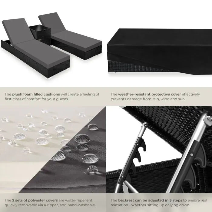 Tectake 2-pack of aluminum and rattan sun loungers, Nautica black