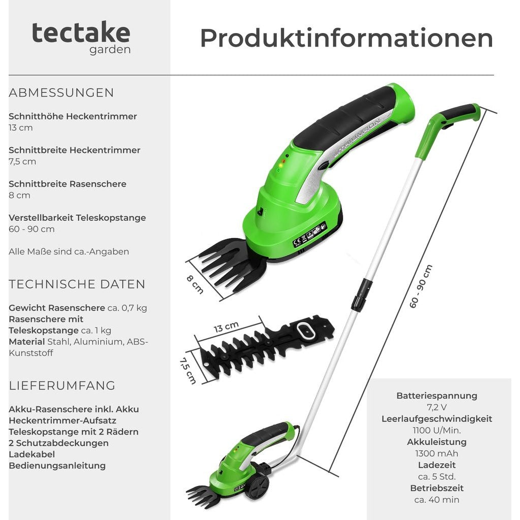 Tectake Cordless Hedge Trimmer & Grass Shears 7.2V, Green