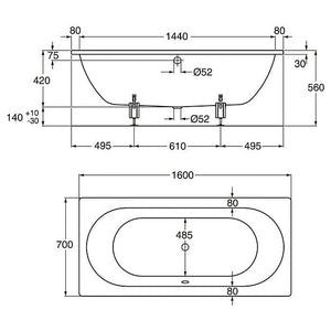 Gustavsberg Duo 1220 Built-in Bathtub, 1600x700 mm