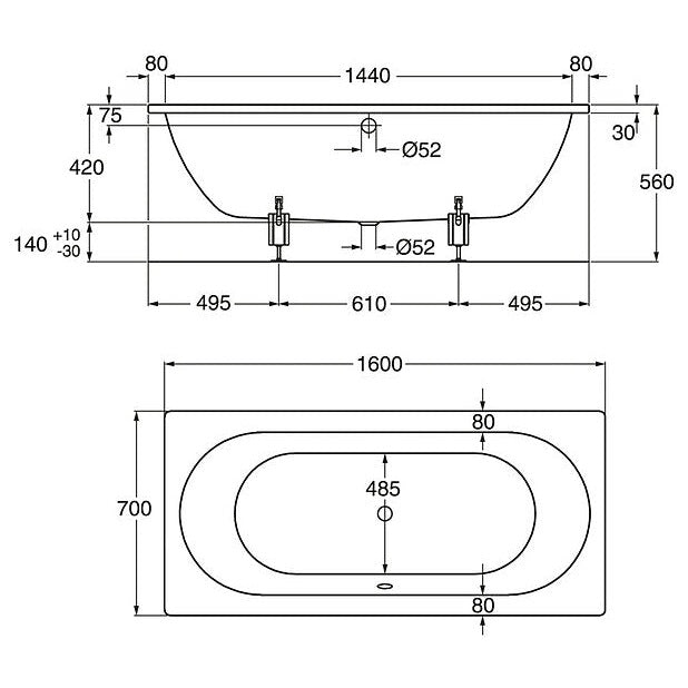 Gustavsberg Duo 1220 Built-in Bathtub, 1600x700 mm