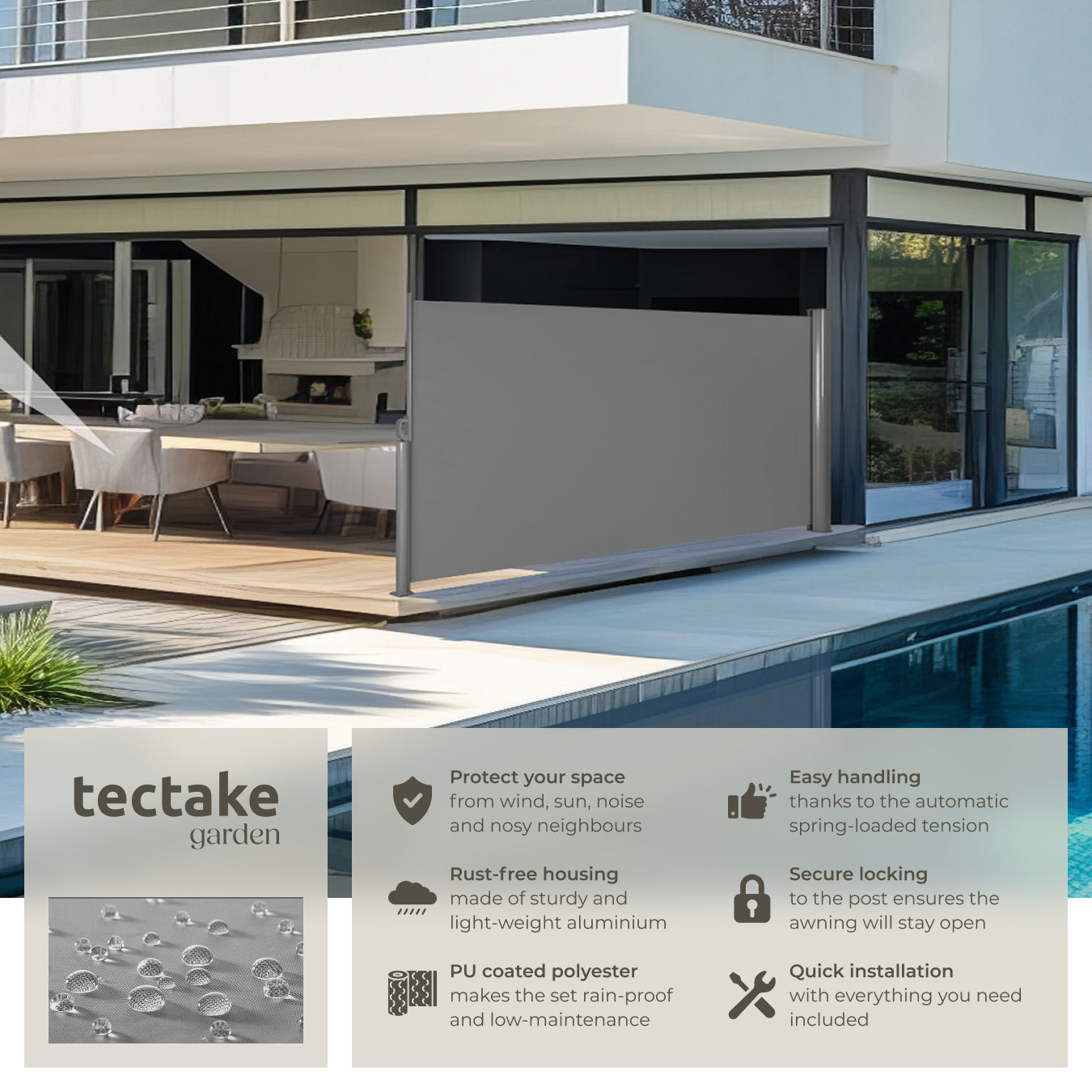 Garden Privacy Screen with retractable side awning and aluminium casing