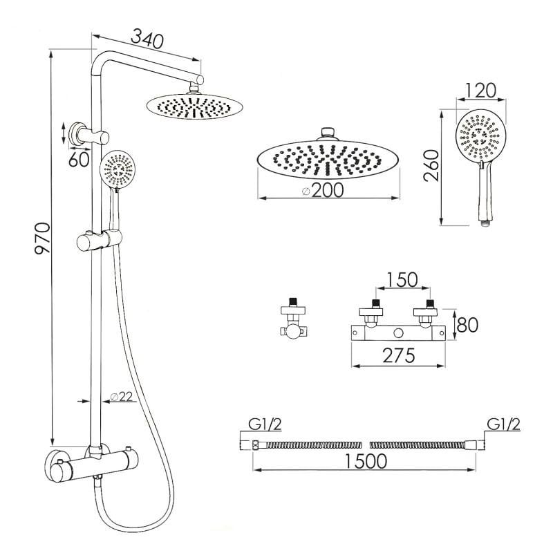Viking Choice Shower Set, Black, 20 cm Rain Shower with Thermostatic Mixer