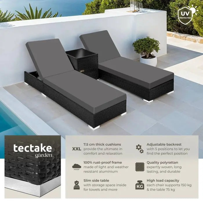 Tectake 2-pack of aluminum and rattan sun loungers, Nautica black