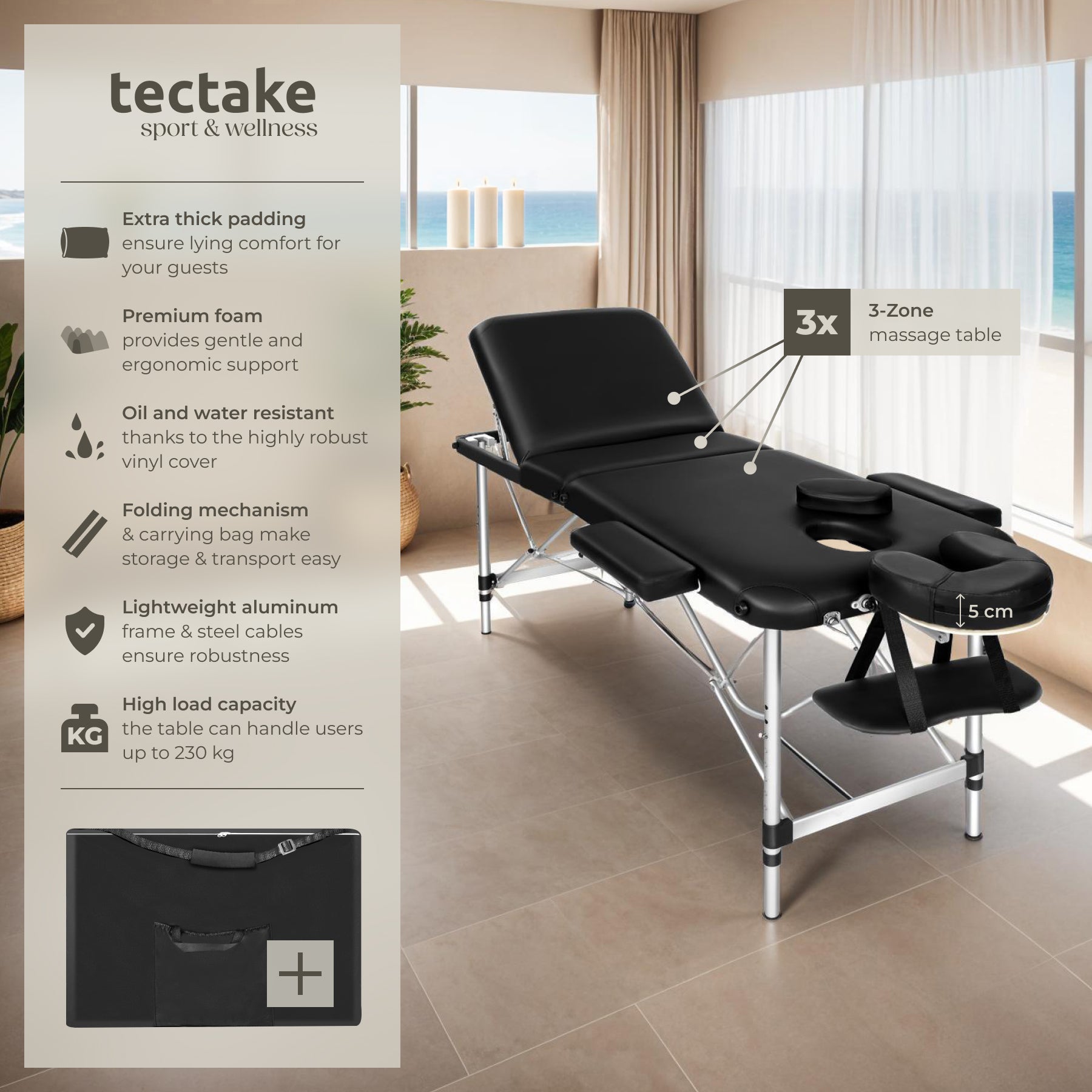 Massage Table - 3-zone bed with aluminium frame, 5cm pad, folding, adjustable