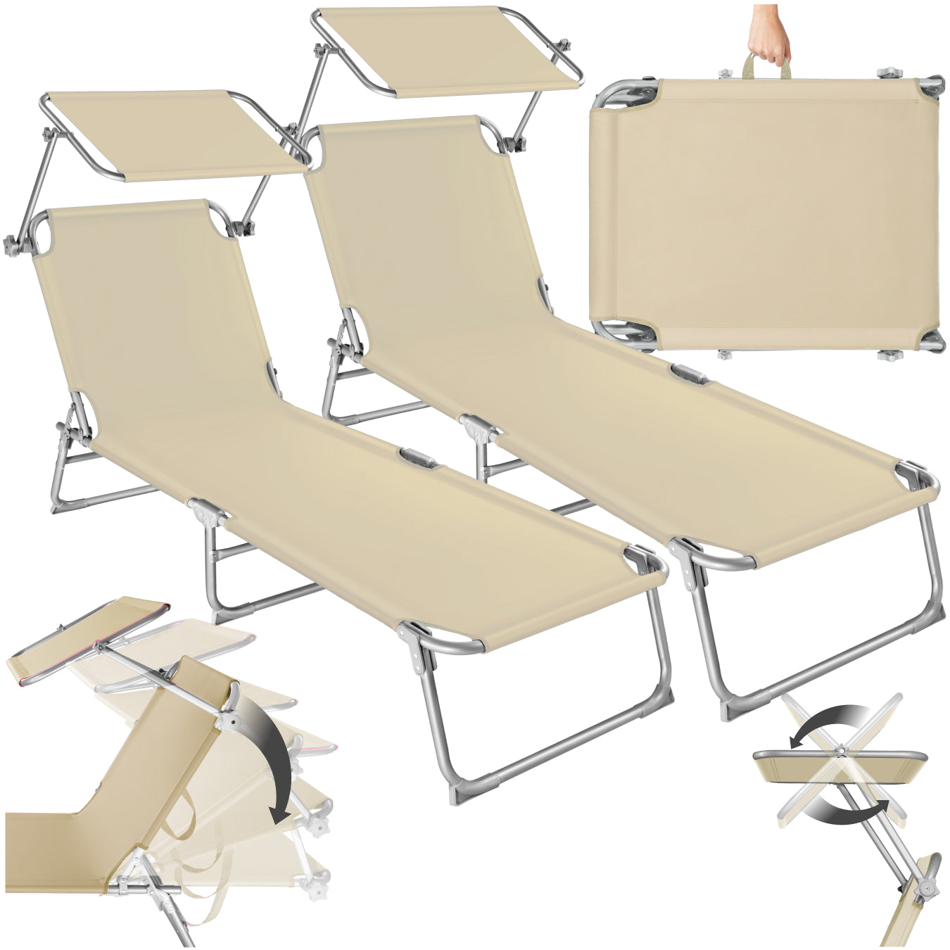 Sun Lounger Set of 2 - foldable, adjustable sunshade and 4-step backrest