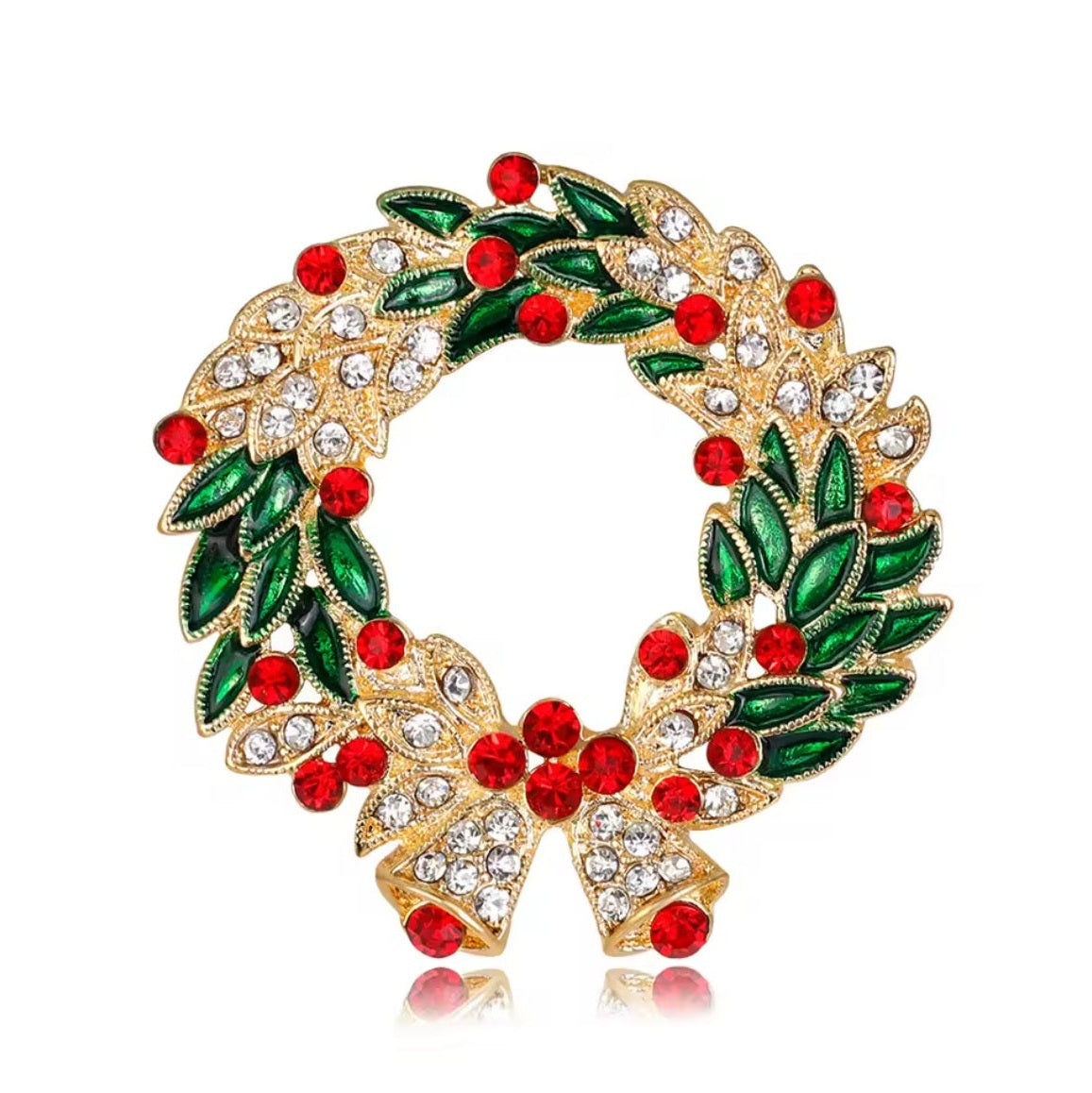 Gold Christmas Wreath Brooch with Bells & Cubic Zircon Crystals