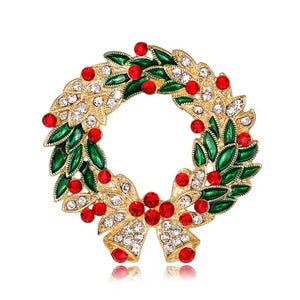 Gold Christmas Wreath Brooch with Bells & Cubic Zircon Crystals