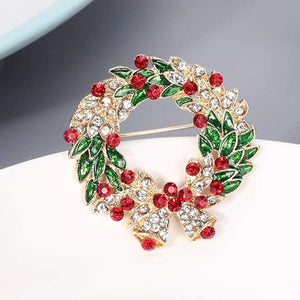 Gold Christmas Wreath Brooch with Bells & Cubic Zircon Crystals
