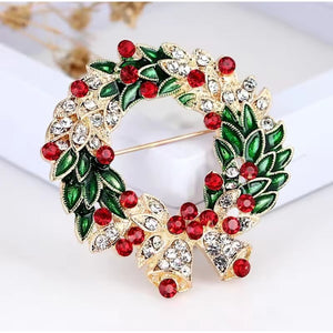 Gold Christmas Wreath Brooch with Bells & Cubic Zircon Crystals
