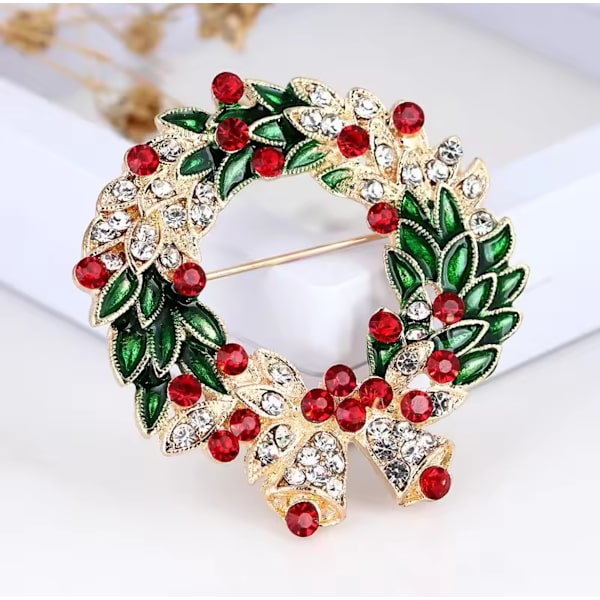 Gold Christmas Wreath Brooch with Bells & Cubic Zircon Crystals