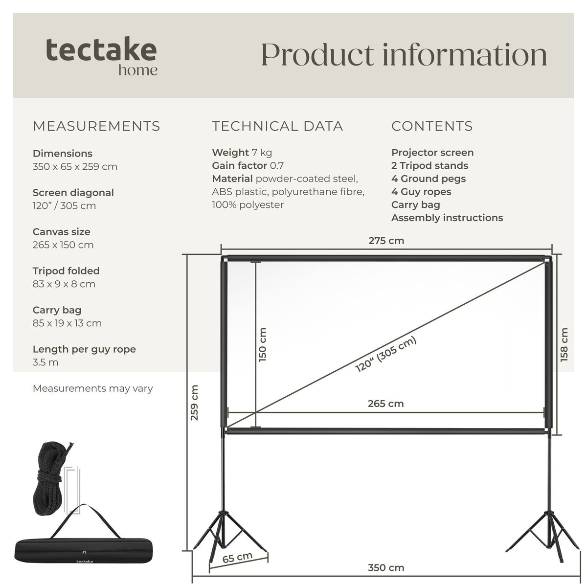 tectake Foldable Cinema Projector Screen 16:9, 265 x 150 cm
