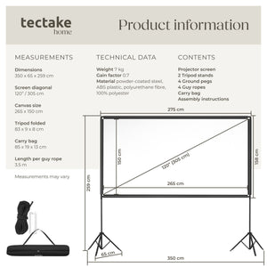 tectake Foldable Cinema Projector Screen 16:9, 265 x 150 cm
