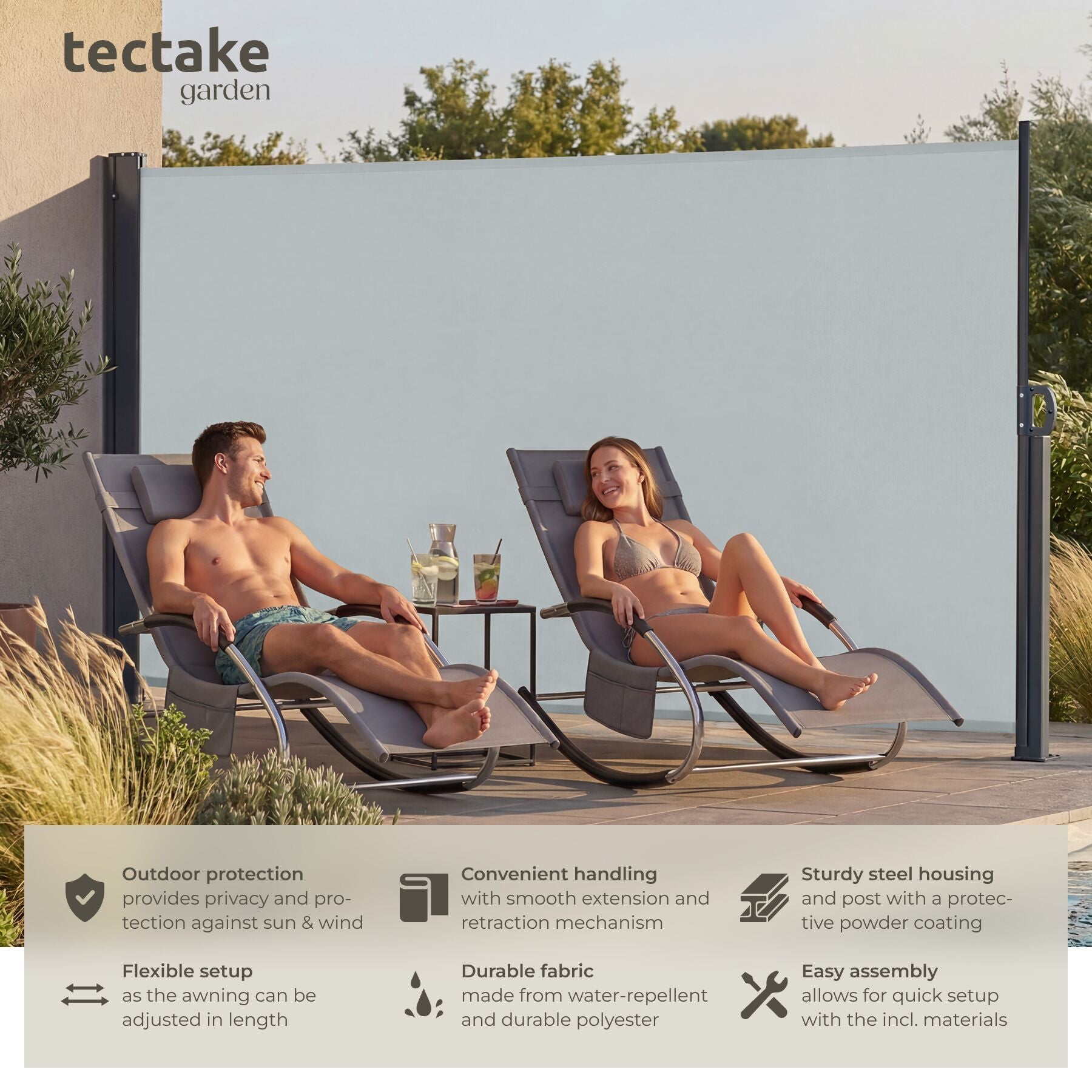 Extendable Side Awning with Roll-up Mechanism, Opaque 300 x 160cm, Grey