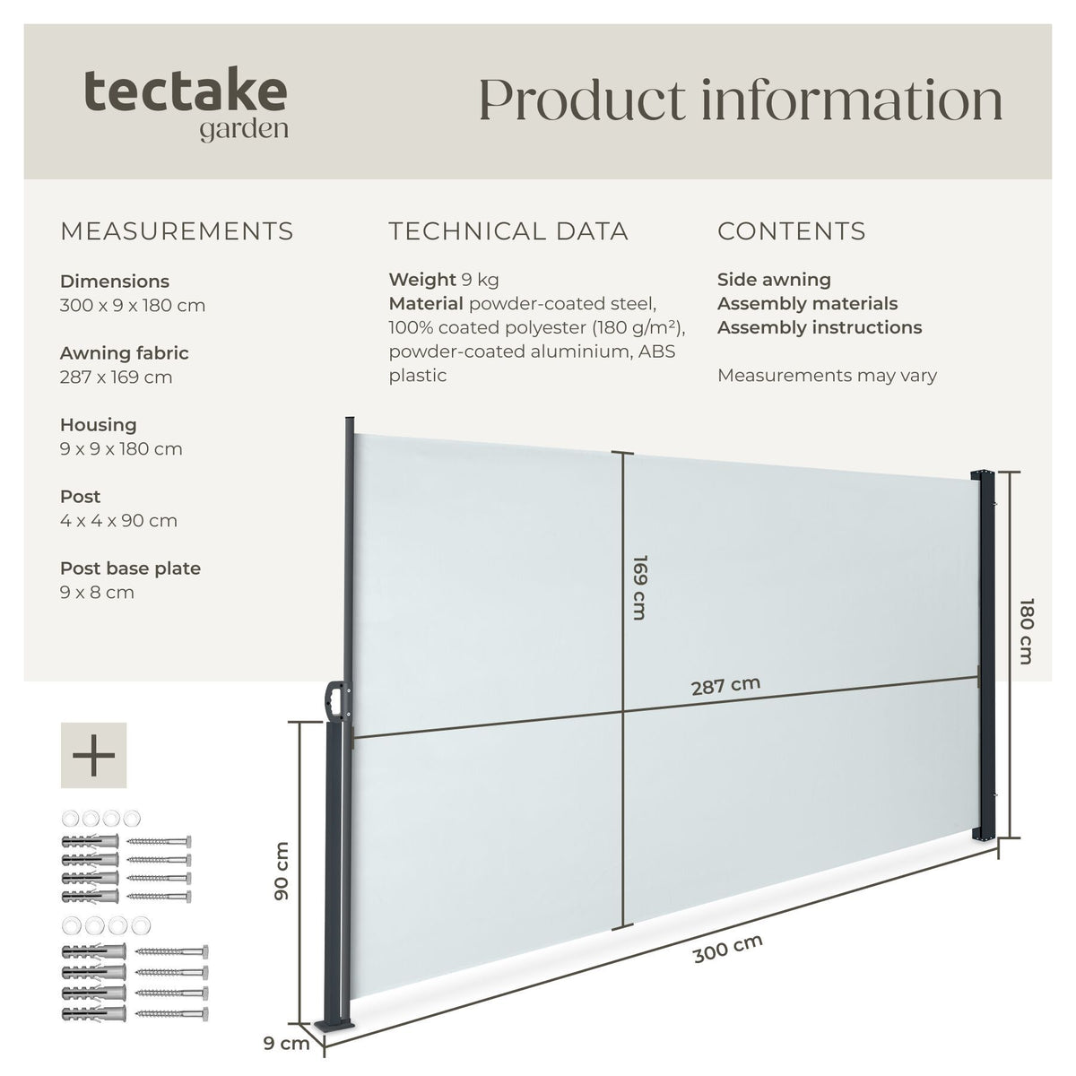 Extendable Side Awning with Roll-up Mechanism, Opaque 300 x 160cm, Grey