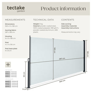 Extendable Side Awning with Roll-up Mechanism, Opaque 300 x 160cm, Grey