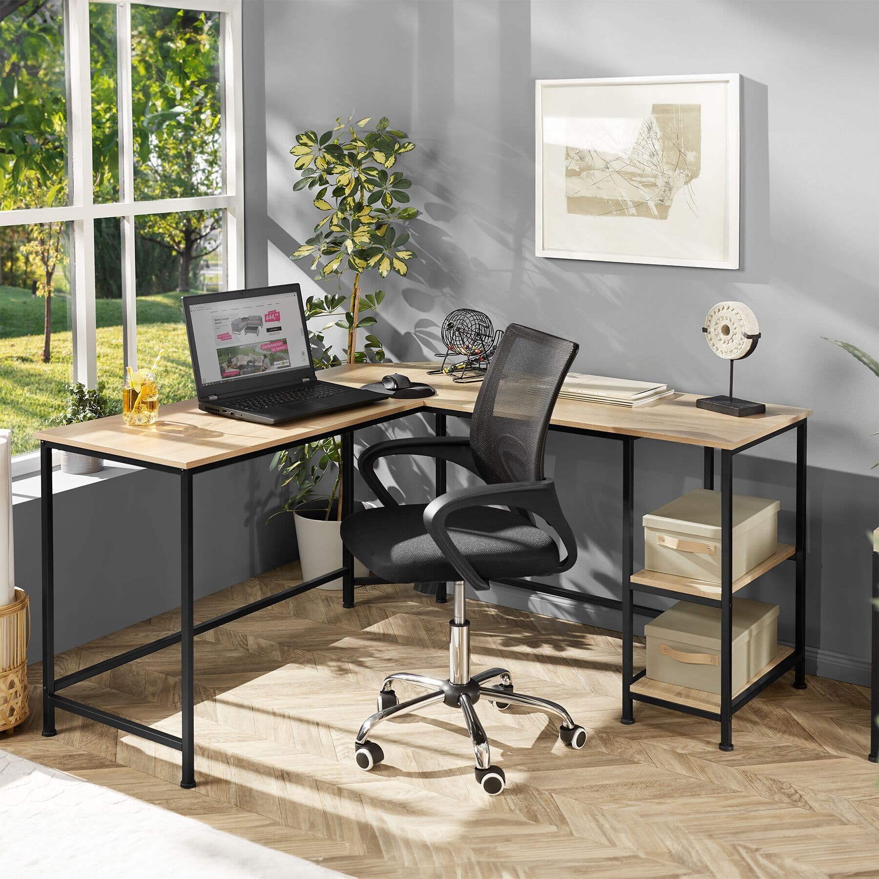 Desk Hamilton - corner unit, shelf 138 cm - industrial wood light
