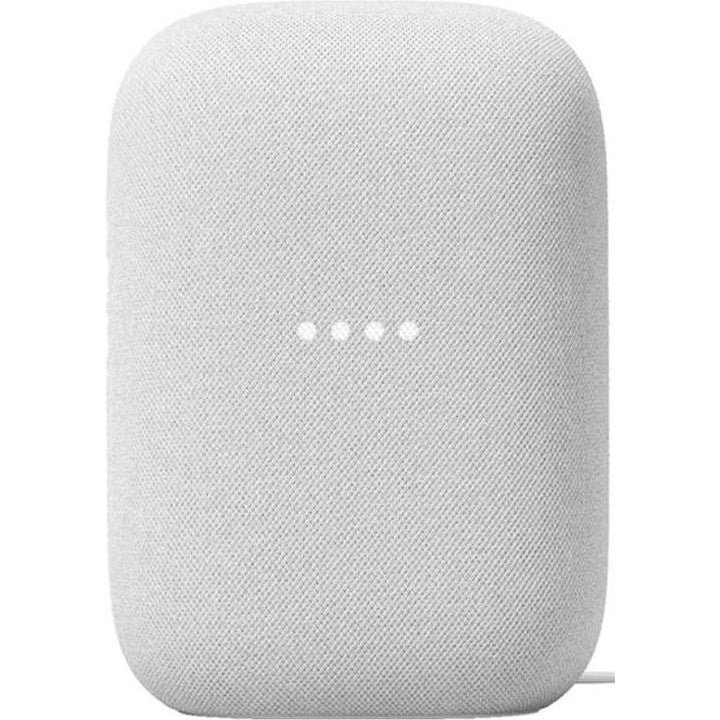 White square speaker with LED indicator lights on a white background