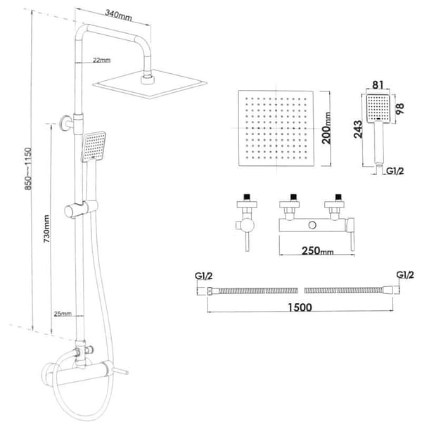 Wall Mounted Rain Shower Set, Matte Black
