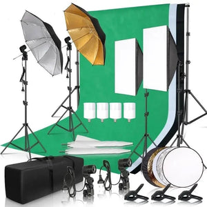 Professional Photo Kit, Luminous Umbrellas, Background Support, 3 Softboxes 50cm x 70cm, 4 Stands 2M, Multicolor
