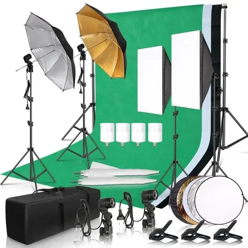 Professional Photo Kit, Luminous Umbrellas, Background Support, 3 Softboxes 50cm x 70cm, 4 Stands 2M, Multicolor
