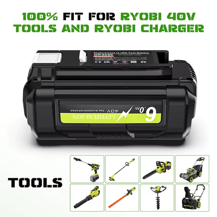 High-Power 40V 6Ah Lithium Batteries for Ryobi, 2-Pack, Black