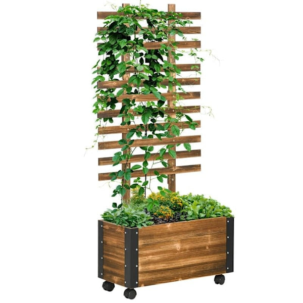 Outsunny Raised Garden Bed, Charred Solid Wood, 65 x 31 x 147 cm