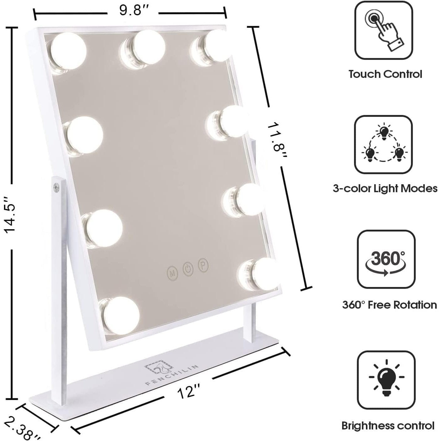 Hollywood Makeup Mirror 25 x 30 cm with nine bulbs, white