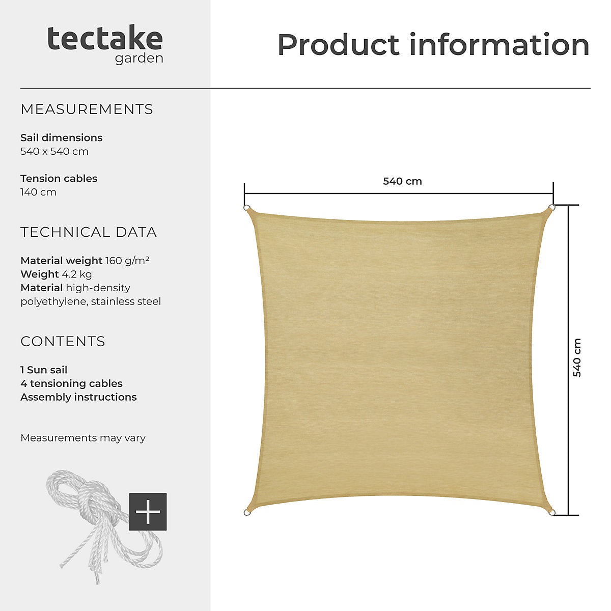 Tectake Shade Sail 5.4 x 5.4m, Beige