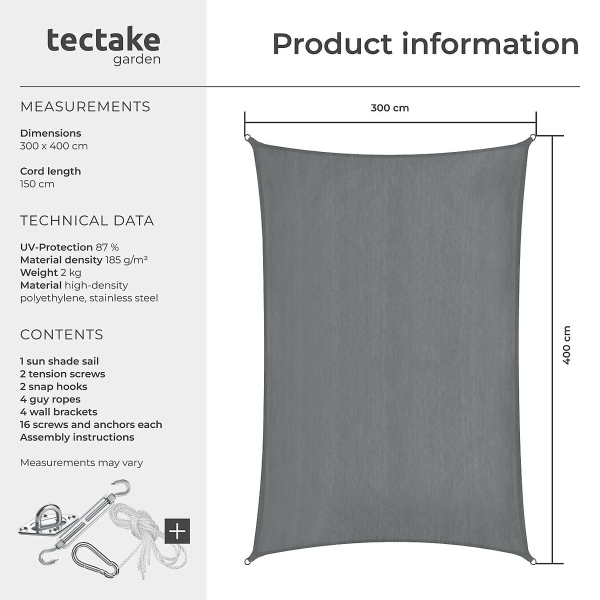 Sun Sail Sonny, UV Protected, Water-Resistant and Anti-Tear 3x4m, Grey