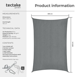 Sun Sail Sonny, UV Protected, Water-Resistant and Anti-Tear 3x4m, Grey