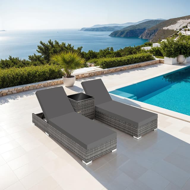 Tectake Set with 2 Sun Loungers and 1 Table, 184 x 60 x 21 cm, Grey