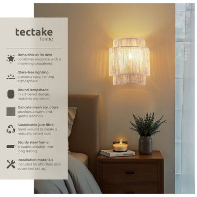 Wall Light Lignea in 3 Tiers, Jute Fibre and Boho Chic Design -nature